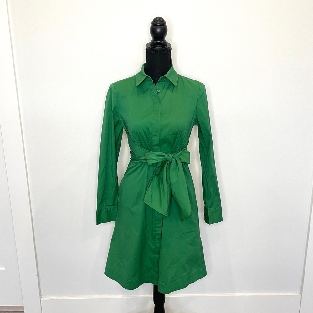 Lafayette 148 Green Long Sleeve Front Button Up Cotton Blend Relaxed Fit Dress